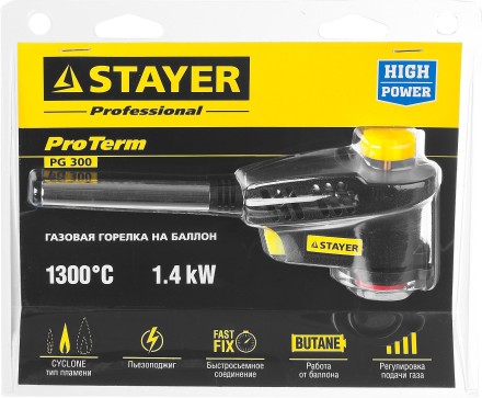 Газовая горелка &quot;ProTerm&quot; на баллон, STAYER &quot;PROFESSIONAL&quot; 55582, с пьезоподжигом, регулировка пламени, вихревое пламя, цанговое соединение, 1300С 55582 купить в Когалыме