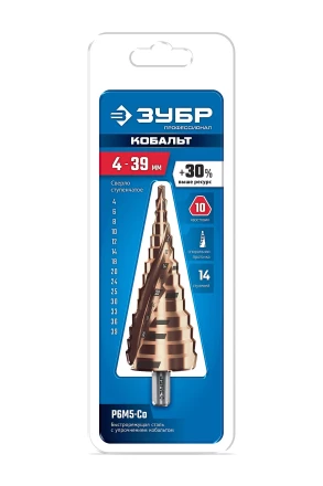 ЗУБР КОБАЛЬТ 4-39мм, 14 ступеней, винтовая проточка, сверло ступенчатое, серия Профессионал(29674-4-39-14) купить в Когалыме