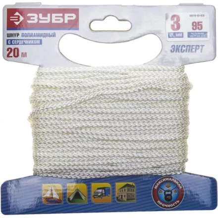 Шнур ЗУБР полиамидный, плетеный, повышенной нагрузки, с сердечником, белый, d 3, 20м 50310-03-020 купить в Когалыме