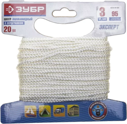 Шнур ЗУБР полиамидный, плетеный, повышенной нагрузки, с сердечником, белый, d 3, 20м 50310-03-020 купить в Когалыме