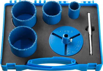 Набор кольцевых коронок ЗУБР "ПРОФЕССИОНАЛ" c карбид-вольфрамовым нанесением, 6 предм. в кейсе: коронки O 33, 53, 67, 73 мм, основание, сверло 33350-H6_z01 купить в Когалыме