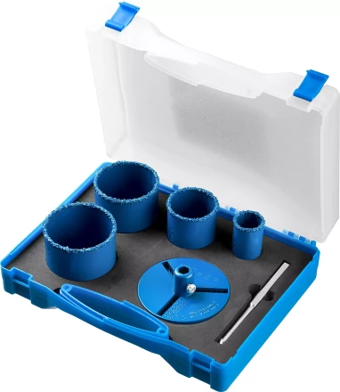 Набор кольцевых коронок ЗУБР "ПРОФЕССИОНАЛ" c карбид-вольфрамовым нанесением, 6 предм. в кейсе: коронки O 33, 53, 67, 73 мм, основание, сверло 33350-H6_z01 купить в Когалыме