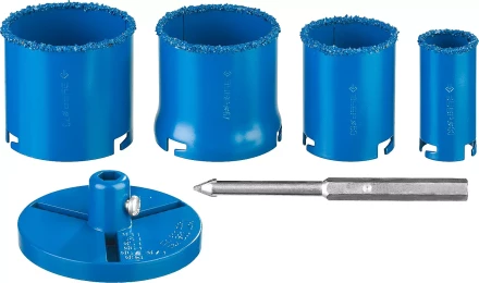 Набор кольцевых коронок ЗУБР "ПРОФЕССИОНАЛ" c карбид-вольфрамовым нанесением, 6 предм. в кейсе: коронки O 33, 53, 67, 73 мм, основание, сверло 33350-H6_z01 купить в Когалыме