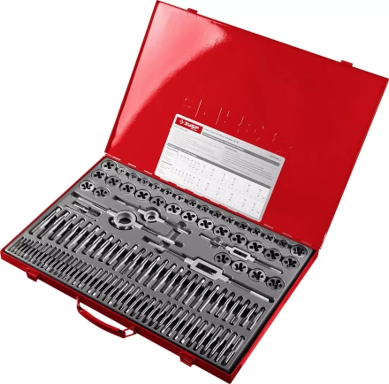 Набор ЗУБР "ЭКСПЕРТ" с метал.реж. инстр.,метчики однопроход. для глух. и сквоз. отв.,плашки,оснаст.-в мет. бокс 110пред. 28119-H110 купить в Когалыме