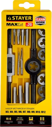 Набор метчиков и плашек STAYER "MASTER", метчикодержатель 1шт, плашкодержатель 1шт, метчики 9шт, плашки 9шт, 20 предметов 28012-H20 купить в Когалыме