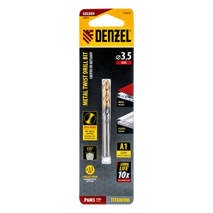 Сверло спиральное по металлу 3,5 x 70 мм, Р6М5, Golden Tip , 2шт. Denzel 718227 купить в Когалыме