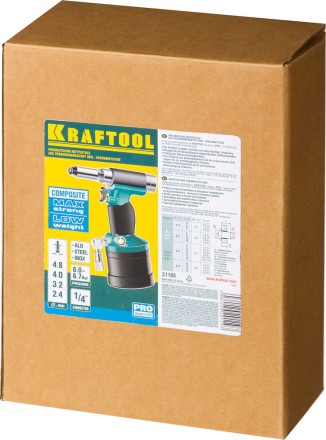 Заклепочник пневматический, KRAFTOOL 31188, корпус из композит материалов, для заклепок из нержав стали, 2,4-3,2-4-4,8мм 31188 купить в Когалыме