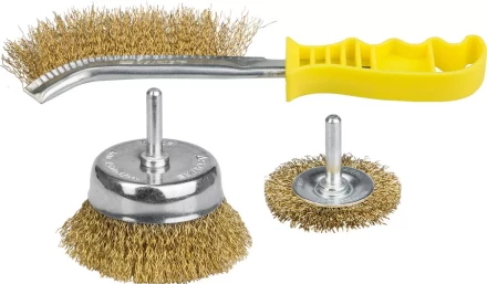 STAYER "PROFESSIONAL". Набор щеток-крацовок, витая стальная латунированная проволока 0,3мм, дисковая 50мм, чашечная 75мм, ручная, 3шт 35151-H3_z01 купить в Когалыме