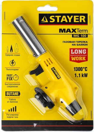 Газовая горелка &quot;MaxTerm&quot; на баллон, STAYER &quot;MASTER&quot; 55584, с пьезоподжигом, регулировка пламени, цанговое соединение, 1300С 55584 купить в Когалыме