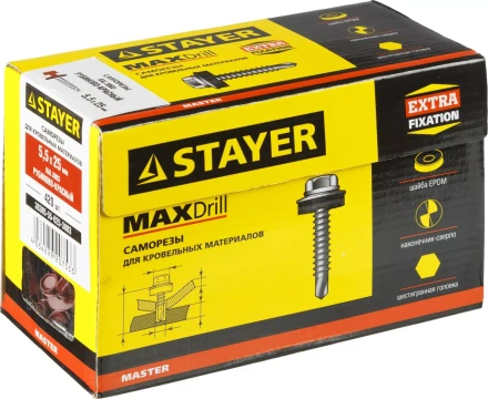 Саморезы СКМ кровельные, RAL 3003 рубиново-красный, 25 x 5.5 мм, 420 шт, для металлических конструкций, STAYER 30305-55-025-3003 купить в Когалыме