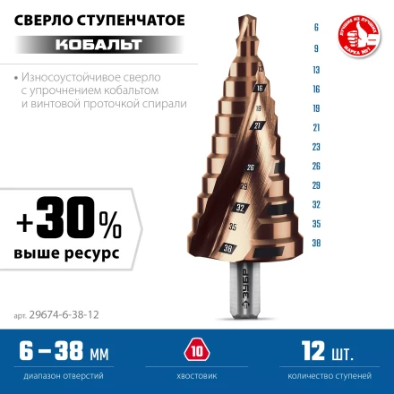 ЗУБР КОБАЛЬТ 6-38мм, 12 ступеней, винтовая проточка, сверло ступенчатое, ПРОФЕССИОНАЛ (29674-6-38-12) купить в Когалыме