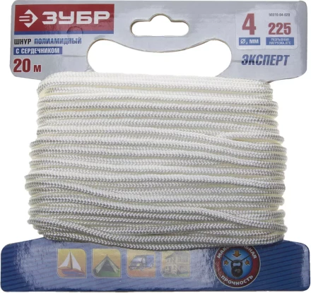 Шнур ЗУБР полиамидный, плетеный, повышенной нагрузки, с сердечником, белый, d 4, 20м 50310-04-020 купить в Когалыме