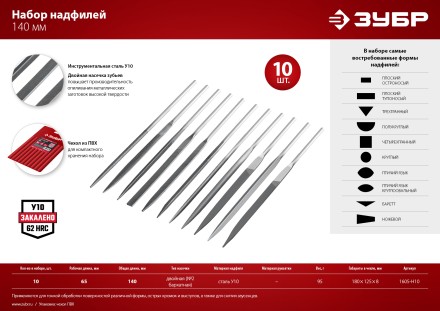ЗУБР 10 шт, 140 мм, набор надфилей в чехле (1605-H10) купить в Когалыме