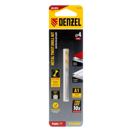 Сверло спиральное по металлу Denzel 4 x 75 мм, Р6М5, Golden Tip, 718229 купить в Когалыме