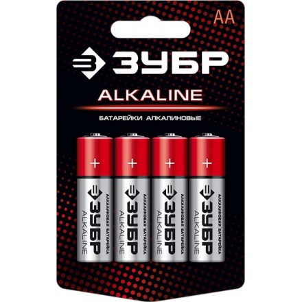 Батарейка &quot;ЗУБР&quot; &quot;ALCALINE&quot; щелочная (алкалиновая), &quot;AA&quot;, 1,5В, 4шт 59223-4C купить в Когалыме