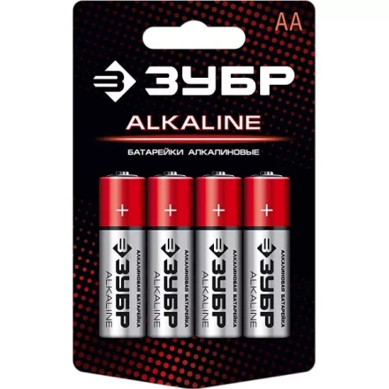 Батарейка "ЗУБР" "ALCALINE" щелочная (алкалиновая), "AA", 1,5В, 4шт 59223-4C купить в Когалыме