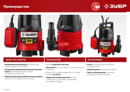 ЗУБР 300 Вт, дренажный насос для грязной воды (НПГ-М1-300) купить в Когалыме