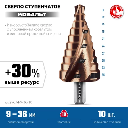 ЗУБР КОБАЛЬТ 9-36мм, 10 ступеней, винтовая проточка, сверло ступенчатое, ПРОФЕССИОНАЛ (29674-9-36-10) купить в Когалыме