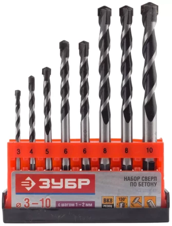 Набор ЗУБР Свёрла "СУПЕР-6" по бетону, ударные, с шестигранным хвостовиком, 3; 4; 5; 6; 6; 8; 8; 10мм, 8шт 2916-H8_z01 купить в Когалыме