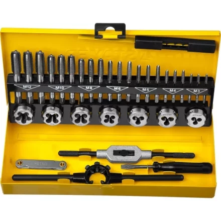 Набор метчиков и плашек STAYER "MASTER", плашки 7шт, метчики компл. 21шт, метчикодерж. 1шт, плашкодерж. 1шт, резьбомер 1шт, отвертка 1шт, 32 предмета 28014-H32 купить в Когалыме