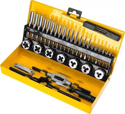 Набор метчиков и плашек STAYER "MASTER", плашки 7шт, метчики компл. 21шт, метчикодерж. 1шт, плашкодерж. 1шт, резьбомер 1шт, отвертка 1шт, 32 предмета 28014-H32 купить в Когалыме