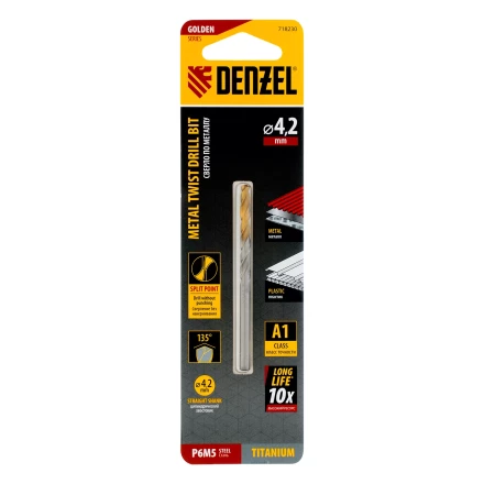 Сверло спиральное по металлу Denzel 4,2 x 75 мм, Р6М5, Golden Tip, 718230 купить в Когалыме