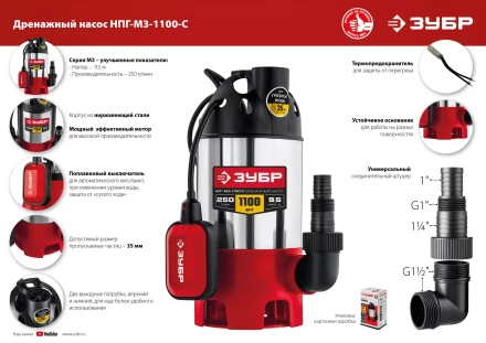 ЗУБР 1100 Вт, дренажный насос для грязной воды, корпус - нерж. сталь (НПГ-М3-1100-С) купить в Когалыме