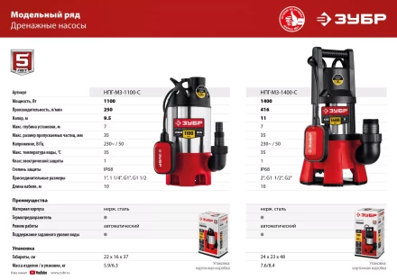 ЗУБР 1100 Вт, дренажный насос для грязной воды, корпус - нерж. сталь (НПГ-М3-1100-С) купить в Когалыме