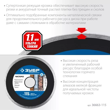 ЗУБР Чисторез, 115 мм, (22.2 мм, 5 х 1.1 мм), сплошной алмазный диск, Профессионал (36663-115) купить в Когалыме