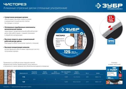 ЗУБР Чисторез, 115 мм, (22.2 мм, 5 х 1.1 мм), сплошной алмазный диск, Профессионал (36663-115) купить в Когалыме