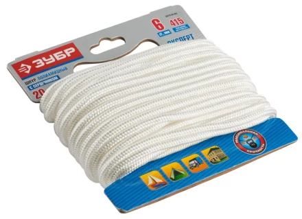 Шнур ЗУБР полиамидный, плетеный, повышенной нагрузки, с сердечником, белый, d 6, 20м 50310-06-020 купить в Когалыме