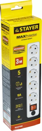 Сетевой фильтр STAYER "MASTER" электрический, 5 гнезд, макс. мощн. 2200 Вт, 3м 55066-3 купить в Когалыме
