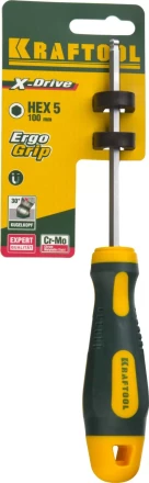 Отвертка KRAFTOOL, Cr-Mo-V сталь, двухкомпонентная противоскользящая рукоятка, HEX, №5x100мм 250075-5-100 купить в Когалыме