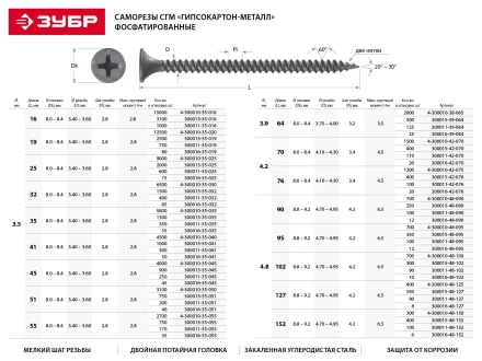 Саморезы фосфатированные с мелкой резьбой, гипсокартон-металл, ЗУБР 300015-42-070, PH2, 4,2 x 70 мм, 400 шт 300015-42-070 купить в Когалыме