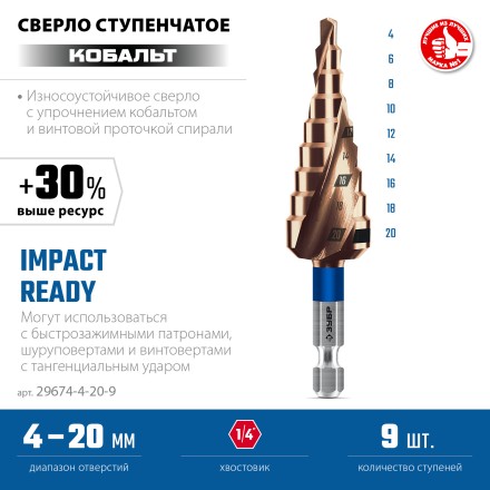 ЗУБР КОБАЛЬТ 4-20мм, 9 ступеней, винтовая проточка, сверло ступенчатое, серия Профессионал(29674-4-20-9) купить в Когалыме