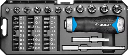 Набор ЗУБР "ПРОФЕССИОНАЛ": Отвертка реверсив с двухкомп рукоят, насадки, CrMo, рукоят с отсеком для хранения бит, 38 предметов 25352-H38 купить в Когалыме