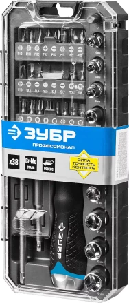 Набор ЗУБР "ПРОФЕССИОНАЛ": Отвертка реверсив с двухкомп рукоят, насадки, CrMo, рукоят с отсеком для хранения бит, 38 предметов 25352-H38 купить в Когалыме