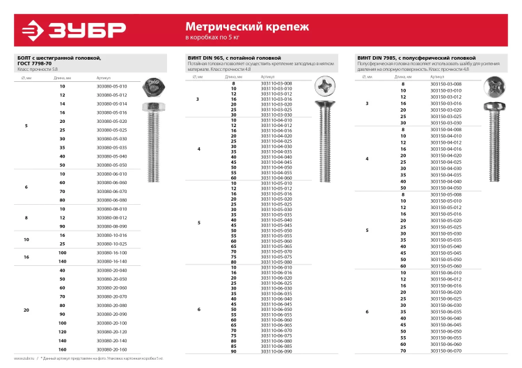 Винт ЗУБР "МАСТЕР" DIN 7985, класс прочности 4.8, оцинкованный, M6x55мм, 5кг 303150-06-055 купить в Когалыме