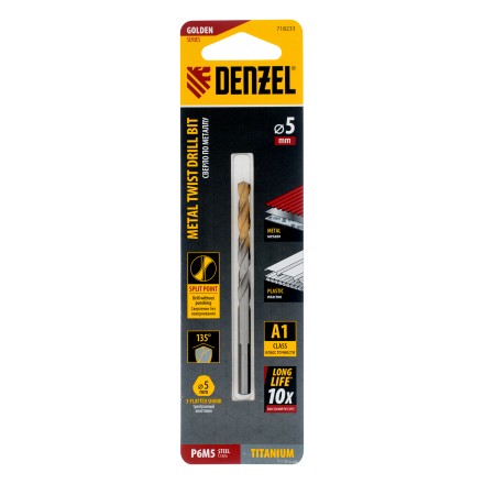 Сверло спиральное по металлу Denzel 5 x 86 мм, Р6М5, Golden Tip, 718233 купить в Когалыме