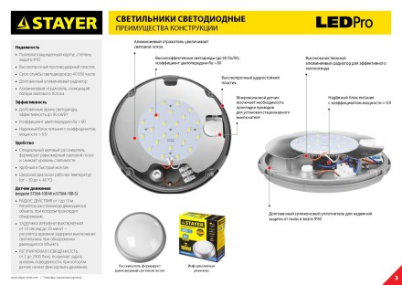 Светильник STAYER &quot;PROFI&quot; PROLight светодиодный, влагозащищенный IP65, пластиковый корпус, PC, влагозащищенный, круг, белый, 4000К, 12(100Вт) 57362-100-W купить в Когалыме