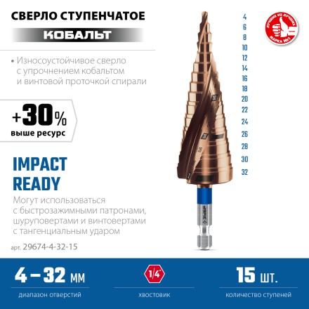ЗУБР КОБАЛЬТ 4-32мм, 15 ступеней, винтовая проточка, сверло ступенчатое, ПРОФЕССИОНАЛ (29674-4-32-15) купить в Когалыме