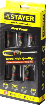 Набор STAYER "PROFESSIONAL" "PROTech": Отвертки, Cr-Mo, эргономичная двухкомпонентная рукоятка, 6шт 25133-H6_z02 купить в Когалыме