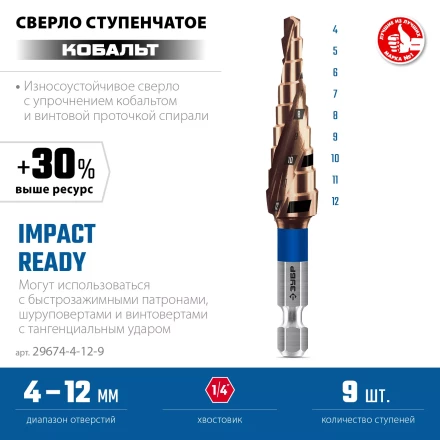 ЗУБР КОБАЛЬТ 4-12мм, 9 ступеней, винтовая проточка, сверло ступенчатое, серия Профессионал(29674-4-12-9) купить в Когалыме