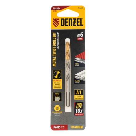Сверло спиральное по металлу Denzel 6 x 93 мм, Р6М5, Golden Tip, 718235 купить в Когалыме