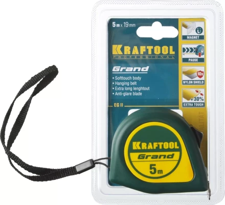 Рулетка KRAFTOOL GRAND, обрезиненный пластиковый корпус, 5м/19мм 34022-05-19 купить в Когалыме