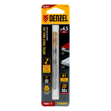 Сверло спиральное по металлу Denzel  6,5 x 100 мм, Р6М5, Golden Tip 718236 купить в Когалыме