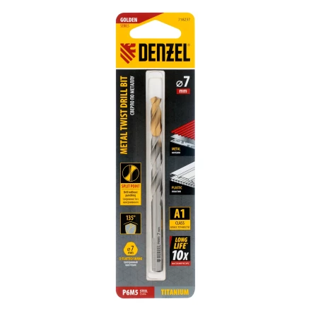Сверло спиральное по металлу Denzel 7,0 x 109 мм, Р6М5, Golden Tip, 718237 купить в Когалыме