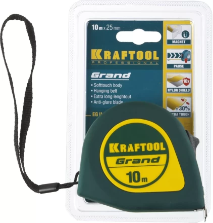 Рулетка KRAFTOOL GRAND, обрезиненный пластиковый корпус, 10м/25мм 34022-10-25 купить в Когалыме