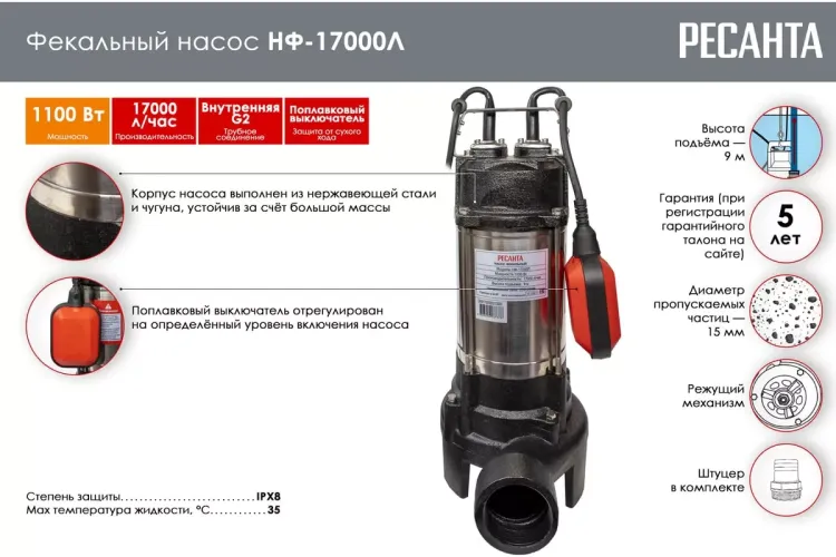 Фекальный насос Ресанта НФ-17000Л с измельчителем 77/5/3 купить в Когалыме
