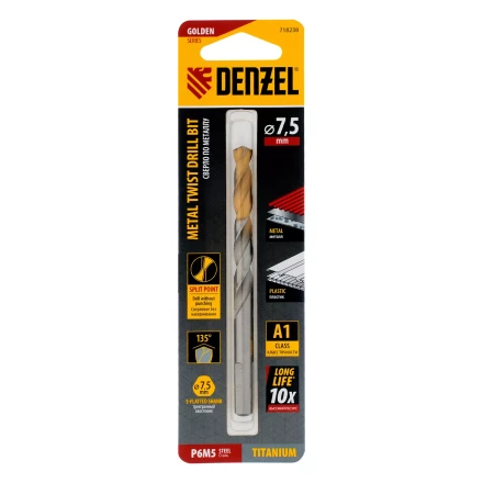 Сверло спиральное по металлу Denzel 7,5 x 109 мм, Р6М5, Golden Tip, 718238 купить в Когалыме